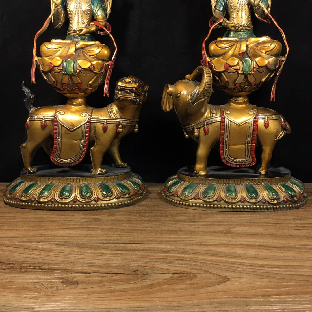 18"Tibetan Temple Collection Old Bronze Cinnabar Painted Manjusri Samantabhadra Riding Beasts A set Worship Hall Town House