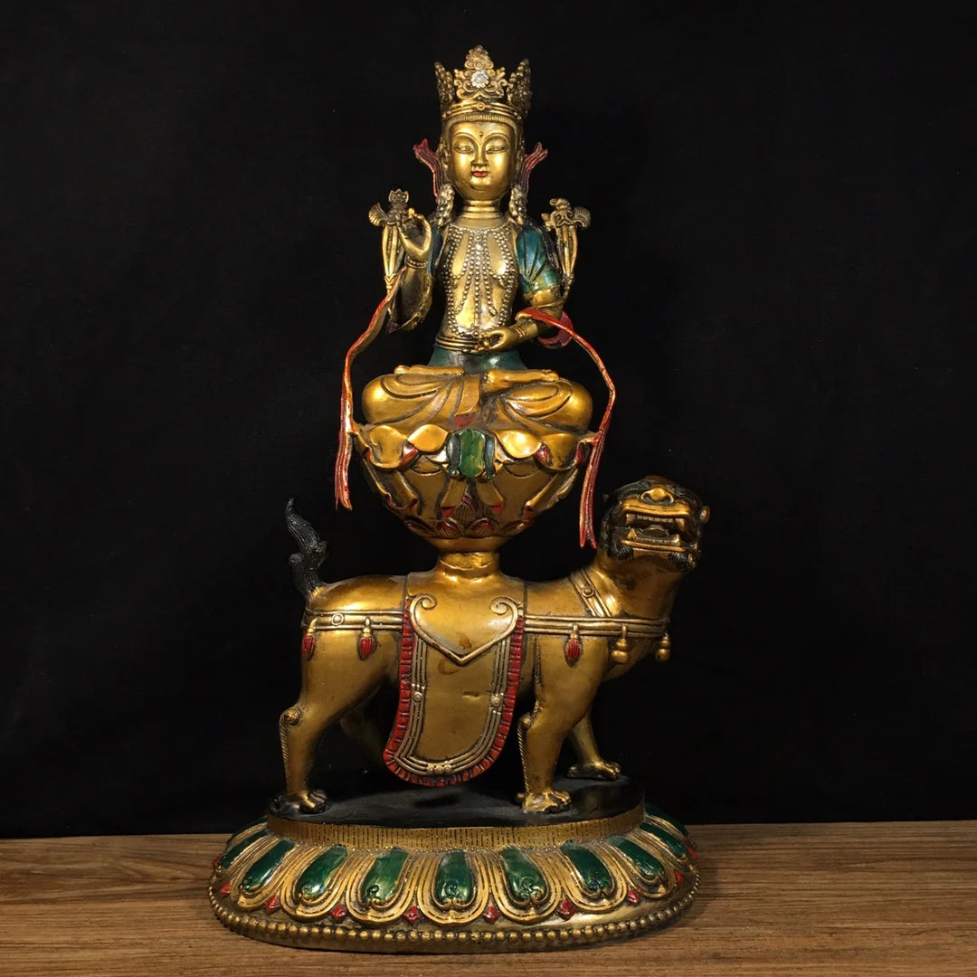18"Tibetan Temple Collection Old Bronze Cinnabar Painted Manjusri Samantabhadra Riding Beasts A set Worship Hall Town House