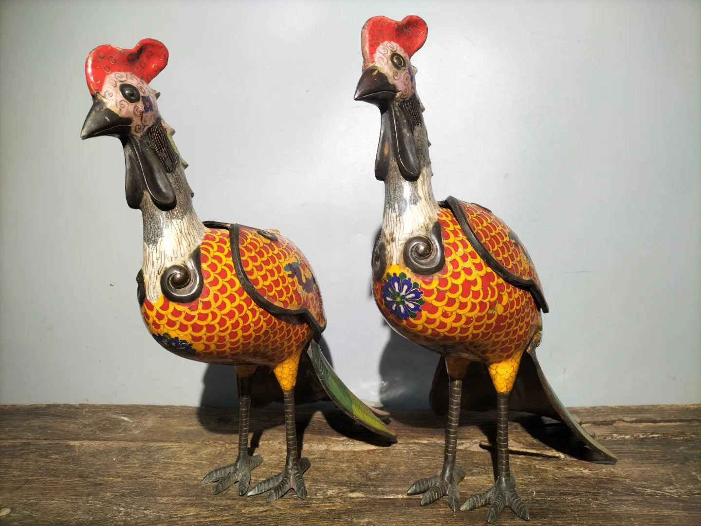 18"Tibetan Temple Collection Old Bronze Cloisonne Divine Chicken Phoenix Long tailed beast A pair Incense Burner Town House