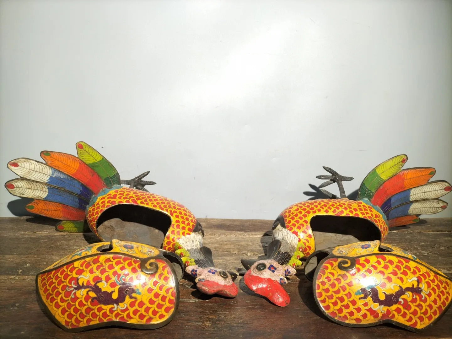 18"Tibetan Temple Collection Old Bronze Cloisonne Divine Chicken Phoenix Long tailed beast A pair Incense Burner Town House
