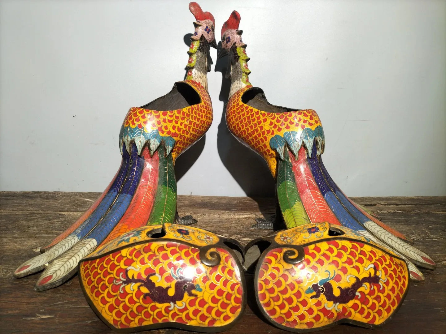 18"Tibetan Temple Collection Old Bronze Cloisonne Divine Chicken Phoenix Long tailed beast A pair Incense Burner Town House