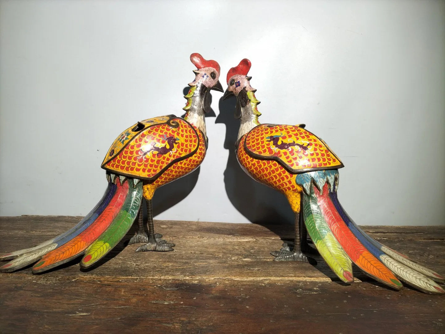 18"Tibetan Temple Collection Old Bronze Cloisonne Divine Chicken Phoenix Long tailed beast A pair Incense Burner Town House