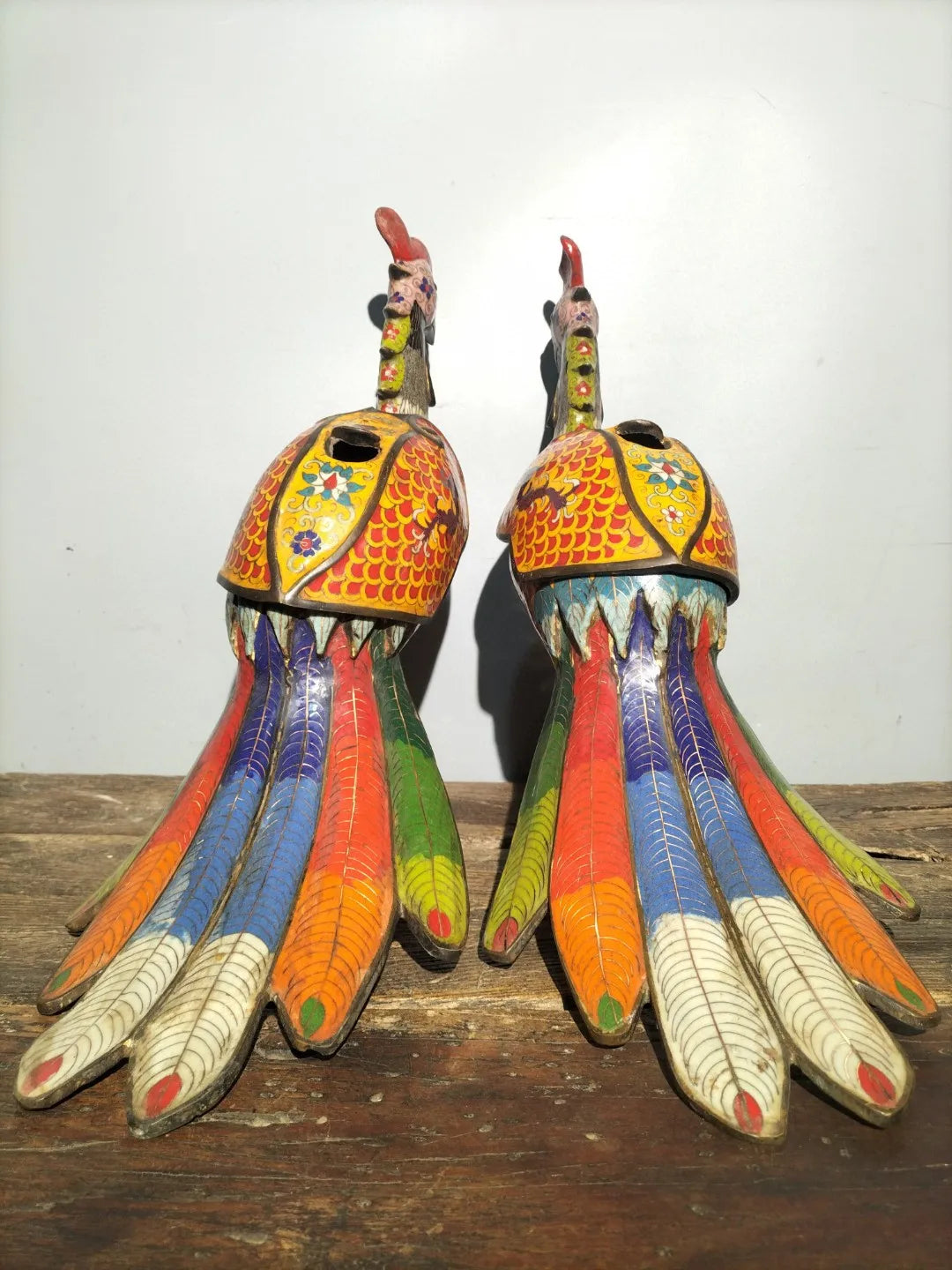 18"Tibetan Temple Collection Old Bronze Cloisonne Divine Chicken Phoenix Long tailed beast A pair Incense Burner Town House