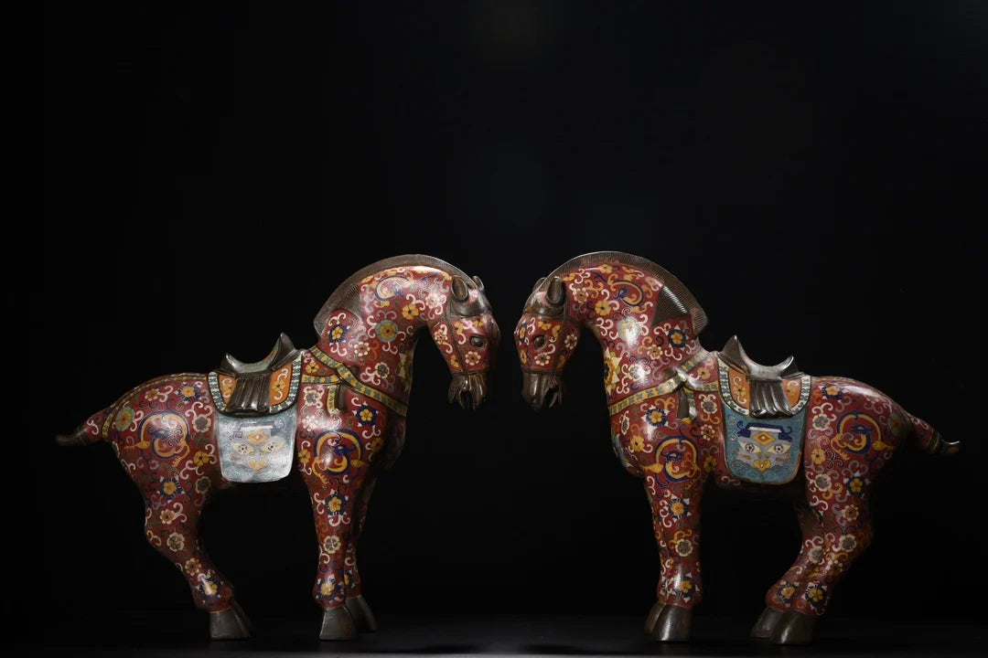 18"Tibetan Temple Collection Old Bronze Cloisonne Enamel Flower Texture Tang Ma Horse Statue A Pair Amass wealth Ornaments