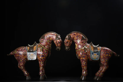 18"Tibetan Temple Collection Old Bronze Cloisonne Enamel Flower Texture Tang Ma Horse Statue A Pair Amass wealth Ornaments