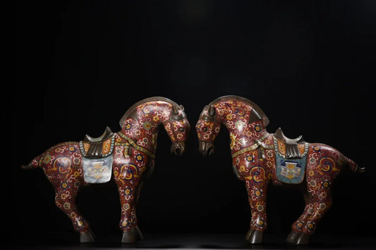18"Tibetan Temple Collection Old Bronze Cloisonne Enamel Flower Texture Tang Ma Horse Statue A Pair Amass wealth Ornaments