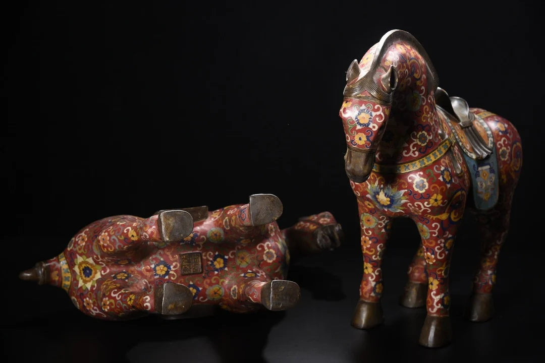 18"Tibetan Temple Collection Old Bronze Cloisonne Enamel Flower Texture Tang Ma Horse Statue A Pair Amass wealth Ornaments