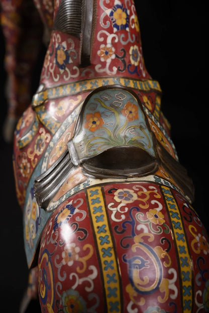 18"Tibetan Temple Collection Old Bronze Cloisonne Enamel Flower Texture Tang Ma Horse Statue A Pair Amass wealth Ornaments