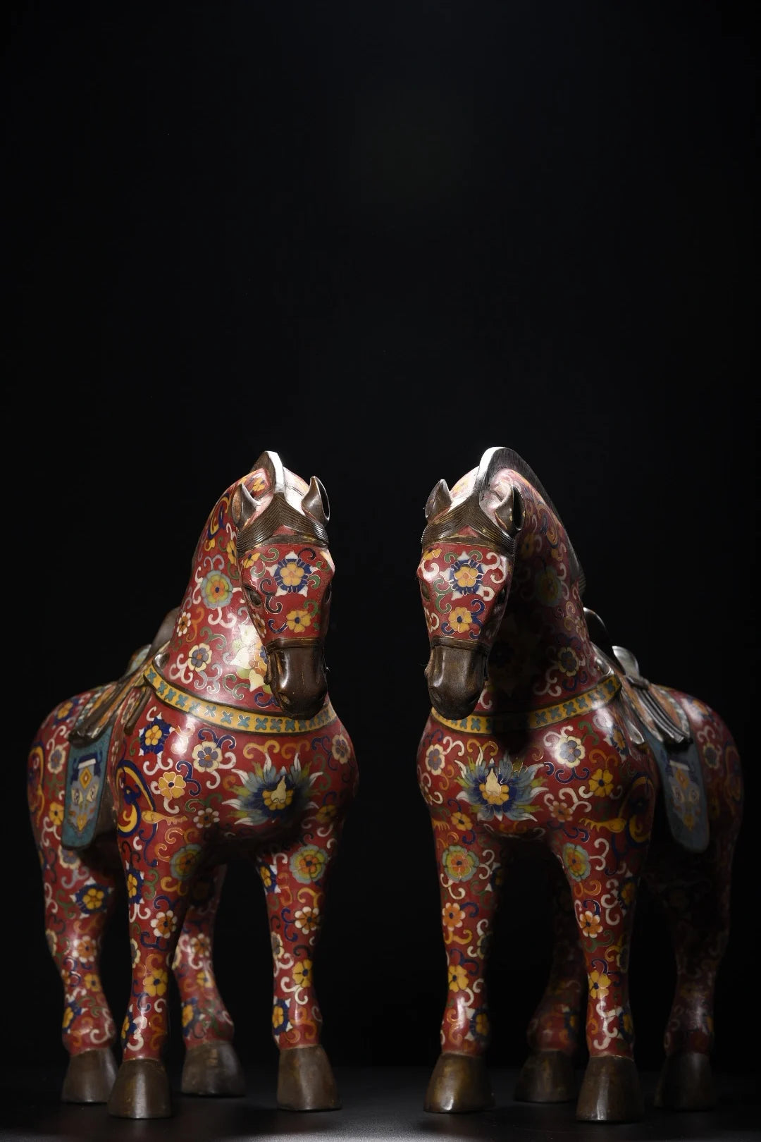 18"Tibetan Temple Collection Old Bronze Cloisonne Enamel Flower Texture Tang Ma Horse Statue A Pair Amass wealth Ornaments