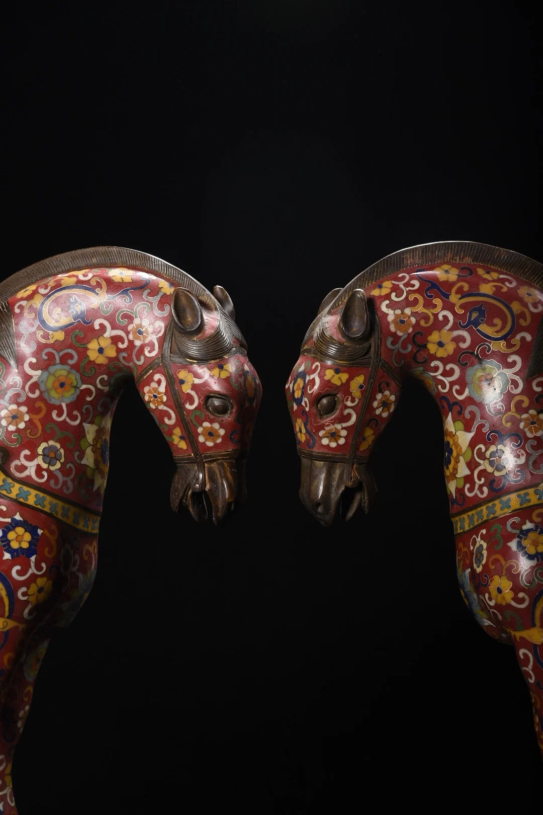 18"Tibetan Temple Collection Old Bronze Cloisonne Enamel Flower Texture Tang Ma Horse Statue A Pair Amass wealth Ornaments