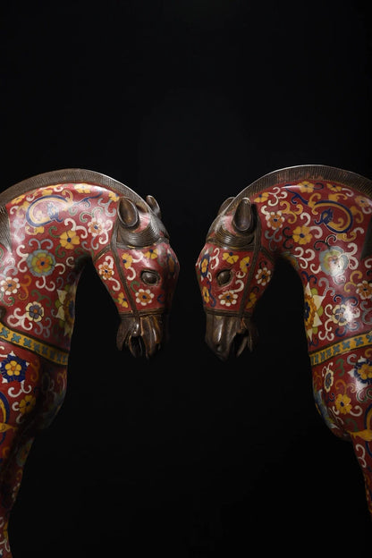 18"Tibetan Temple Collection Old Bronze Cloisonne Enamel Flower Texture Tang Ma Horse Statue A Pair Amass wealth Ornaments