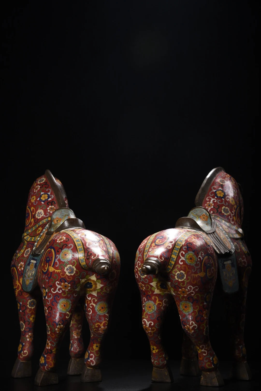18"Tibetan Temple Collection Old Bronze Cloisonne Enamel Flower Texture Tang Ma Horse Statue A Pair Amass wealth Ornaments