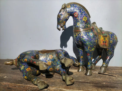18"Tibetan Temple Collection Old Bronze Cloisonne Enamel Tang Ma Horse Lucky Horse a pair ornament Gather fortune Town house