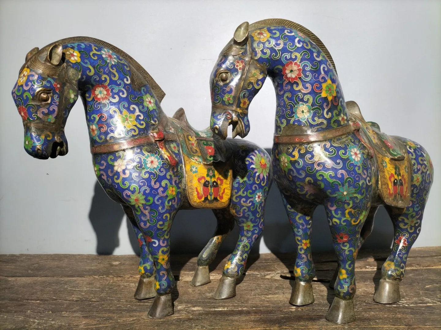18"Tibetan Temple Collection Old Bronze Cloisonne Enamel Tang Ma Horse Lucky Horse a pair ornament Gather fortune Town house