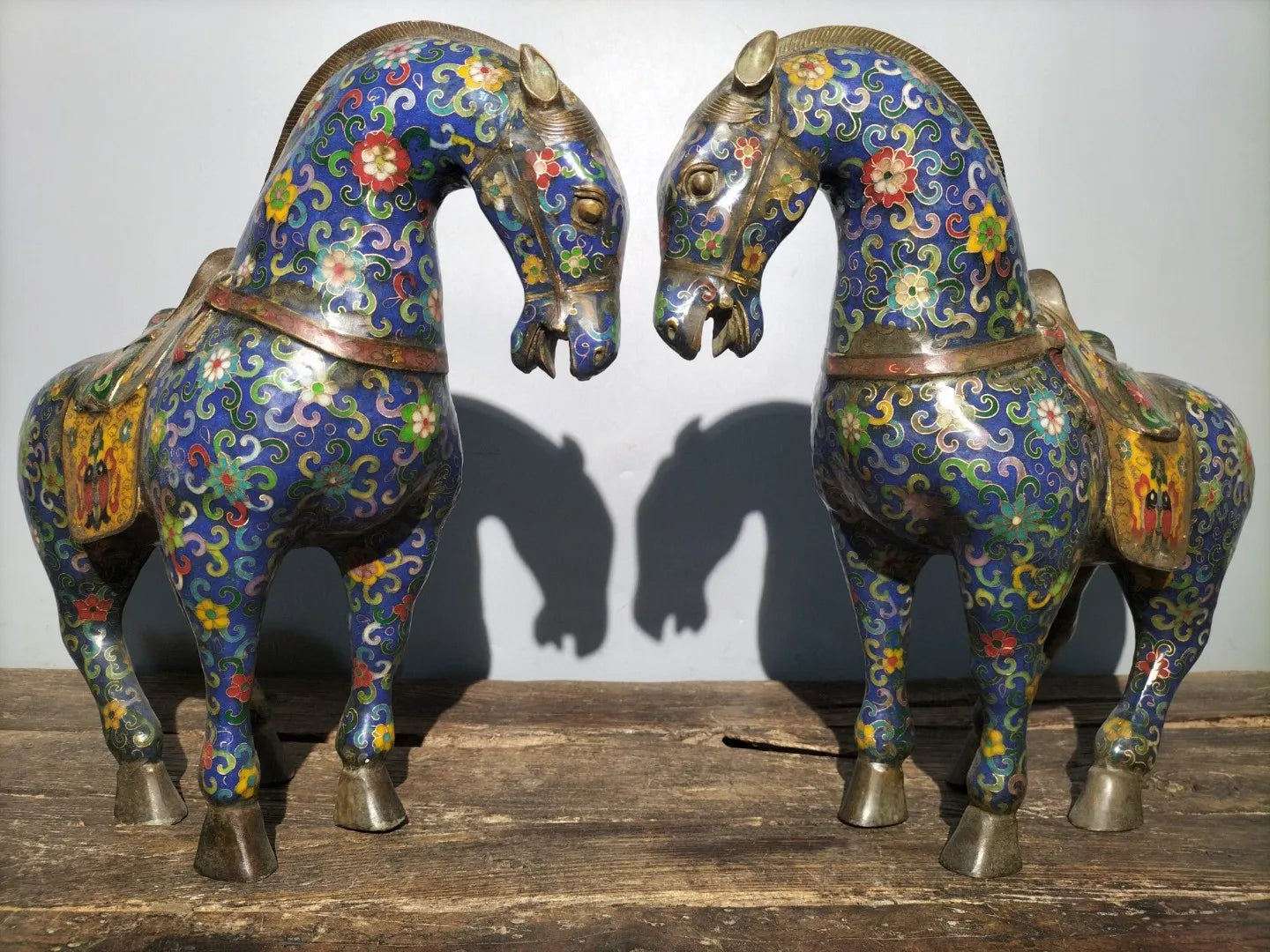 18"Tibetan Temple Collection Old Bronze Cloisonne Enamel Tang Ma Horse Lucky Horse a pair ornament Gather fortune Town house