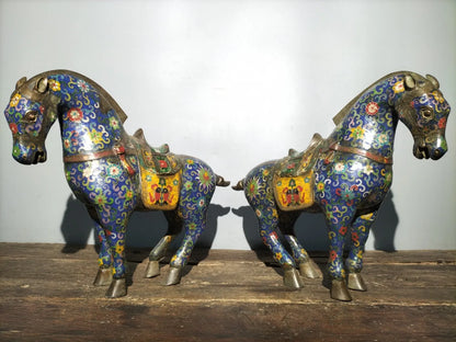 18"Tibetan Temple Collection Old Bronze Cloisonne Enamel Tang Ma Horse Lucky Horse a pair ornament Gather fortune Town house