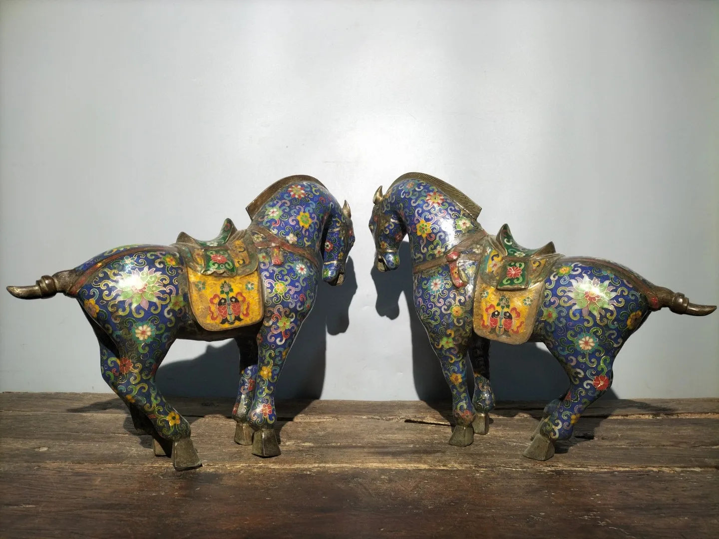 18"Tibetan Temple Collection Old Bronze Cloisonne Enamel Tang Ma Horse Lucky Horse a pair ornament Gather fortune Town house