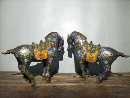 18"Tibetan Temple Collection Old Bronze Cloisonne Enamel Tang Ma Horse Lucky Horse a pair ornament Gather fortune Town house