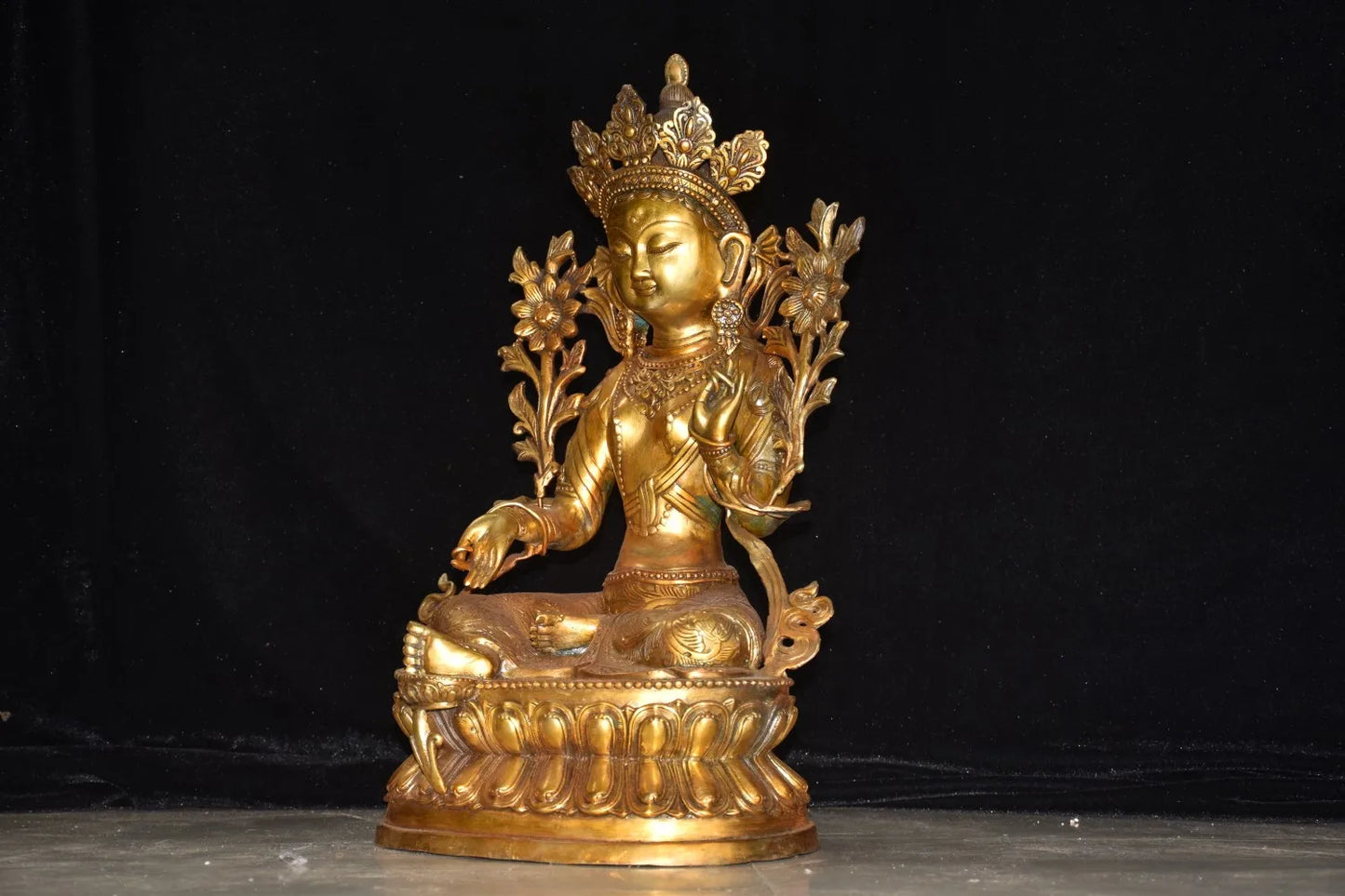 18"Tibetan Temple Collection Old Bronze Gilded Cinnabar Bodhisattva Tara(Green) Buddha Lotus Terrace Worship Hall Town house