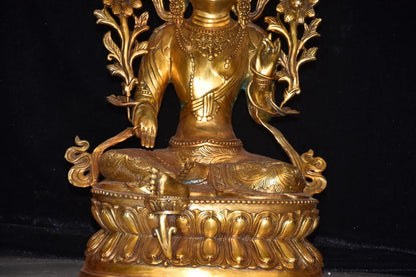 18"Tibetan Temple Collection Old Bronze Gilded Cinnabar Bodhisattva Tara(Green) Buddha Lotus Terrace Worship Hall Town house