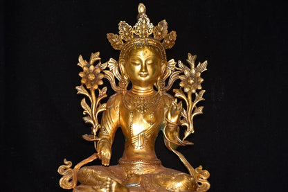 18"Tibetan Temple Collection Old Bronze Gilded Cinnabar Bodhisattva Tara(Green) Buddha Lotus Terrace Worship Hall Town house