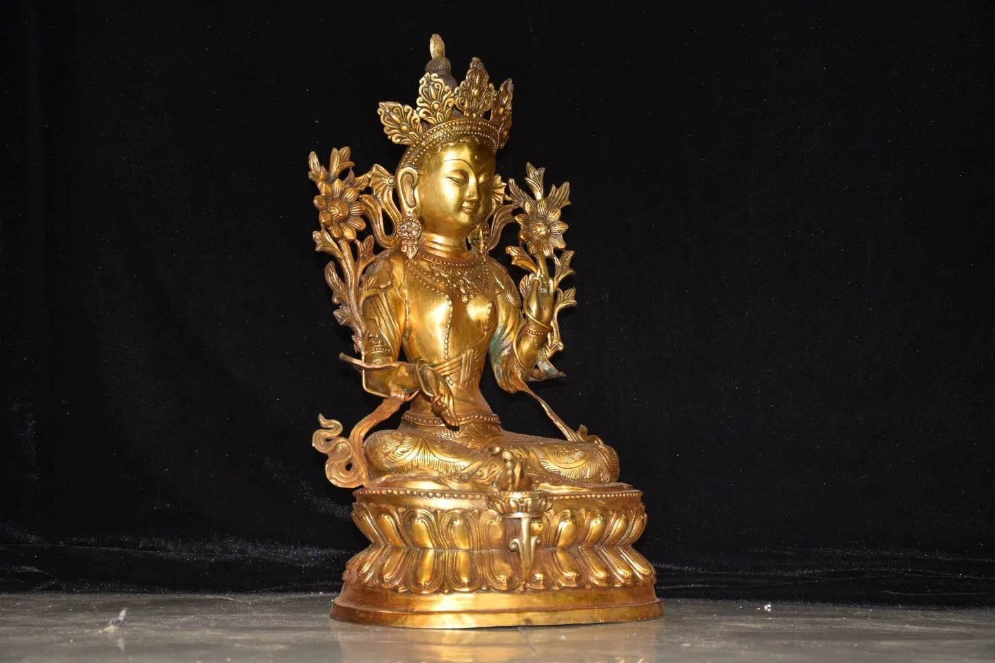 18"Tibetan Temple Collection Old Bronze Gilded Cinnabar Bodhisattva Tara(Green) Buddha Lotus Terrace Worship Hall Town house