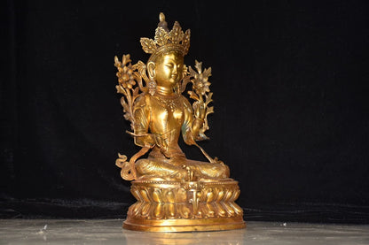 18"Tibetan Temple Collection Old Bronze Gilded Cinnabar Bodhisattva Tara(Green) Buddha Lotus Terrace Worship Hall Town house