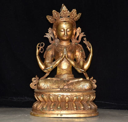 18"Tibetan Temple Collection Old Bronze Gilded Cinnabar Four arm Guanyin Double Lotus Platform Buddha Worship Hall Town house