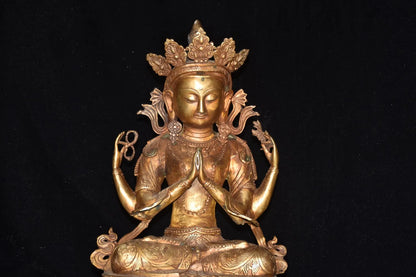 18"Tibetan Temple Collection Old Bronze Gilded Cinnabar Four arm Guanyin Double Lotus Platform Buddha Worship Hall Town house