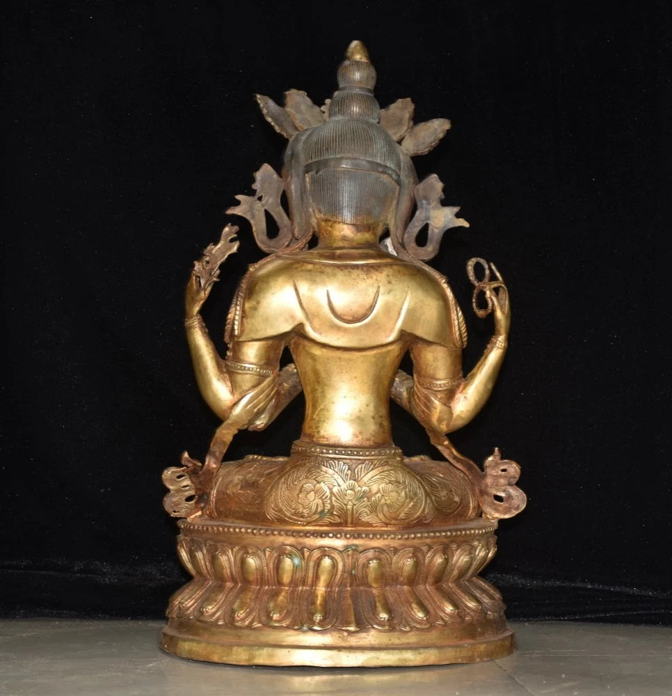 18"Tibetan Temple Collection Old Bronze Gilded Cinnabar Four arm Guanyin Double Lotus Platform Buddha Worship Hall Town house