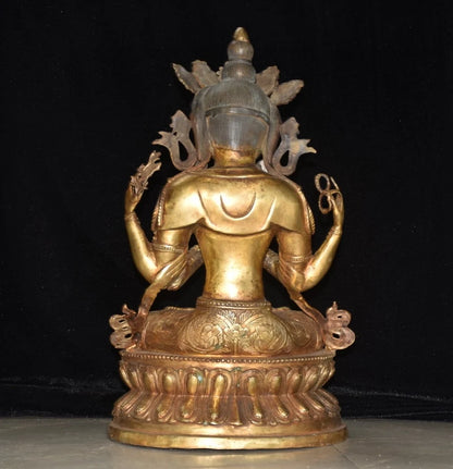 18"Tibetan Temple Collection Old Bronze Gilded Cinnabar Four arm Guanyin Double Lotus Platform Buddha Worship Hall Town house