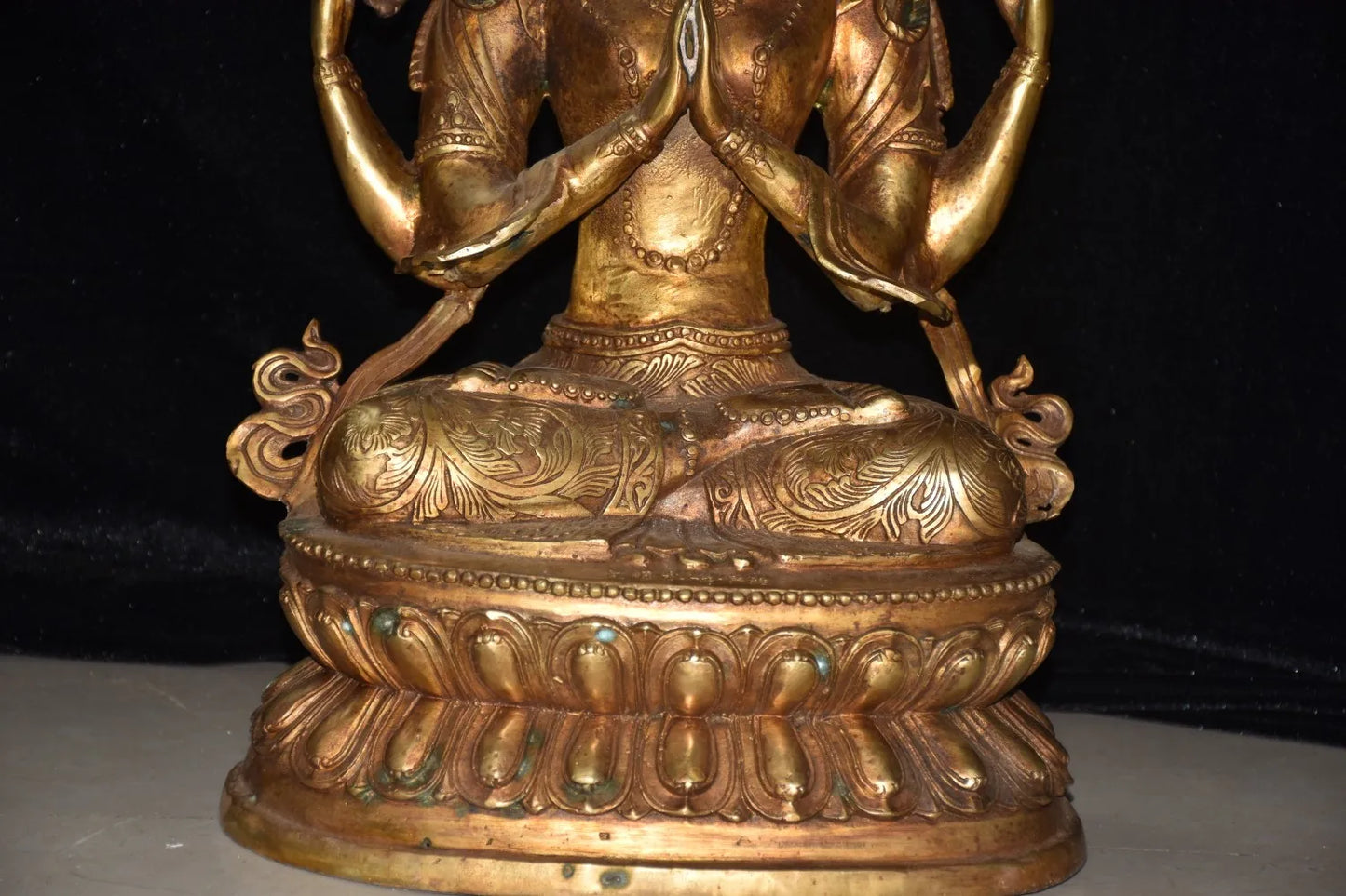 18"Tibetan Temple Collection Old Bronze Gilded Cinnabar Four arm Guanyin Double Lotus Platform Buddha Worship Hall Town house