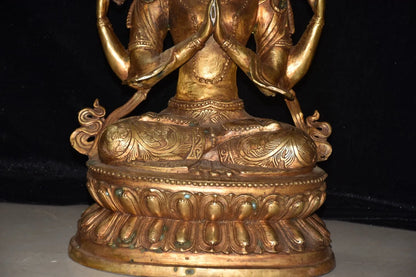 18"Tibetan Temple Collection Old Bronze Gilded Cinnabar Four arm Guanyin Double Lotus Platform Buddha Worship Hall Town house