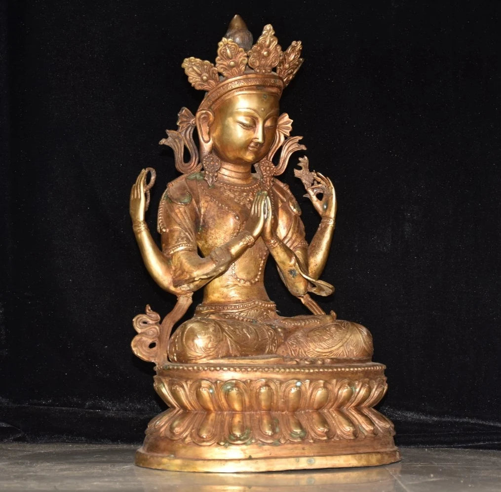 18"Tibetan Temple Collection Old Bronze Gilded Cinnabar Four arm Guanyin Double Lotus Platform Buddha Worship Hall Town house