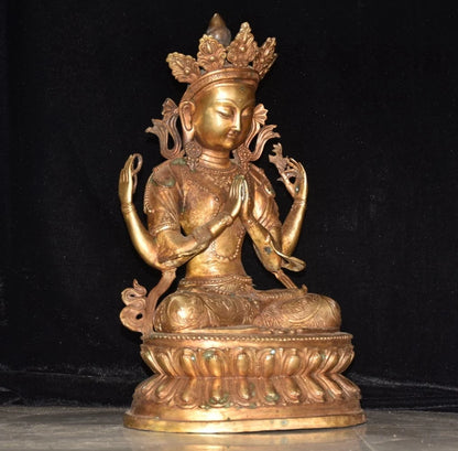 18"Tibetan Temple Collection Old Bronze Gilded Cinnabar Four arm Guanyin Double Lotus Platform Buddha Worship Hall Town house