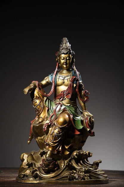 18"Tibetan Temple Collection Old Bronze Painted Avalokitesvara Bodhisattva Buddha Terrace worship buddha Town House Exorcism