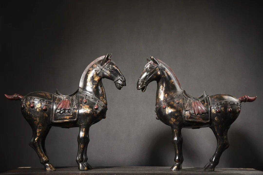 18"Tibetan Temple Collection Old Bronze Painted Cinnabar Mud gold Zodiac Horse Tang Ma A pair Amass wealth Town House Exorcism
