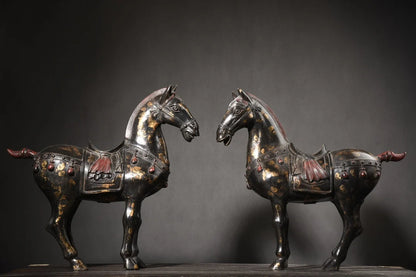 18"Tibetan Temple Collection Old Bronze Painted Cinnabar Mud gold Zodiac Horse Tang Ma A pair Amass wealth Town House Exorcism