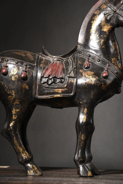 18"Tibetan Temple Collection Old Bronze Painted Cinnabar Mud gold Zodiac Horse Tang Ma A pair Amass wealth Town House Exorcism