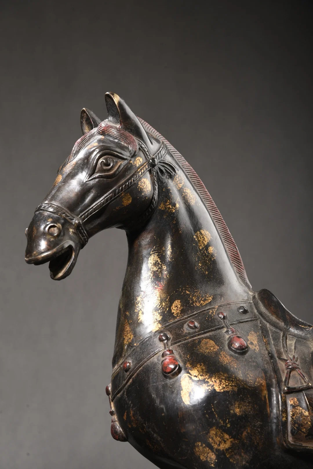 18"Tibetan Temple Collection Old Bronze Painted Cinnabar Mud gold Zodiac Horse Tang Ma A pair Amass wealth Town House Exorcism