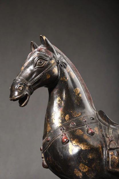 18"Tibetan Temple Collection Old Bronze Painted Cinnabar Mud gold Zodiac Horse Tang Ma A pair Amass wealth Town House Exorcism