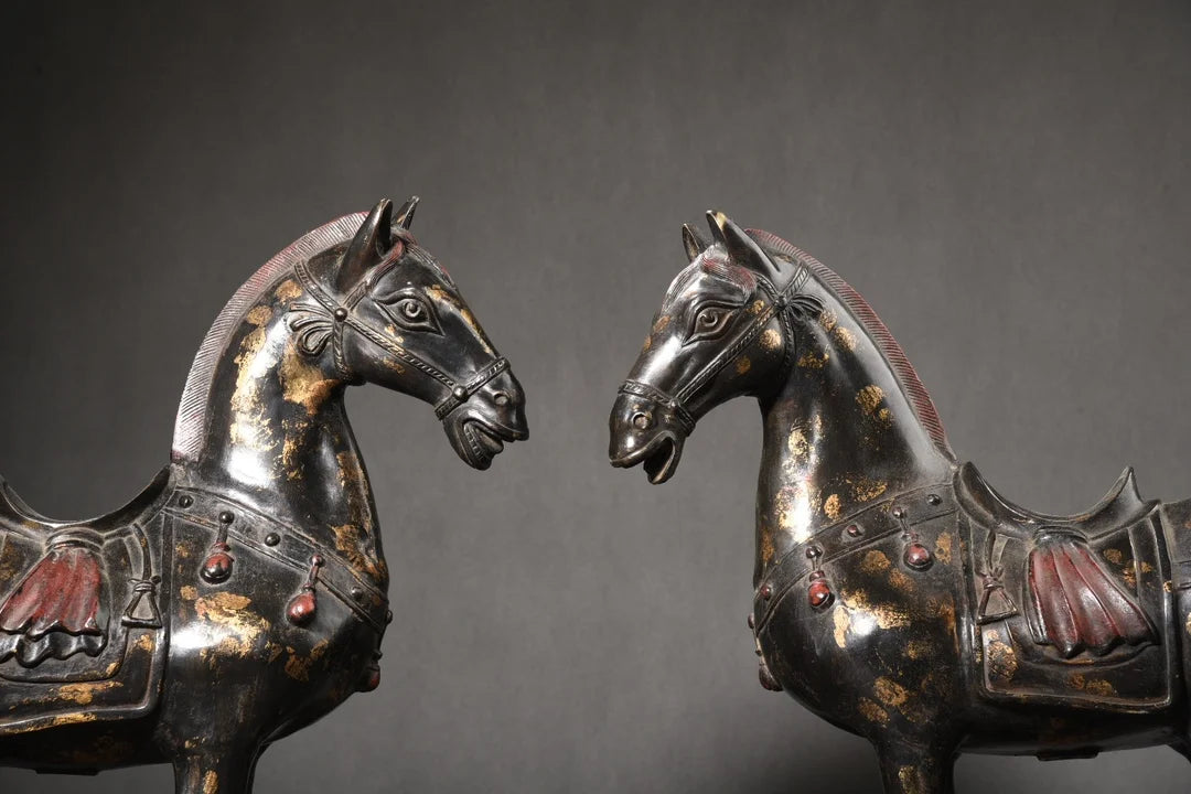 18"Tibetan Temple Collection Old Bronze Painted Cinnabar Mud gold Zodiac Horse Tang Ma A pair Amass wealth Town House Exorcism