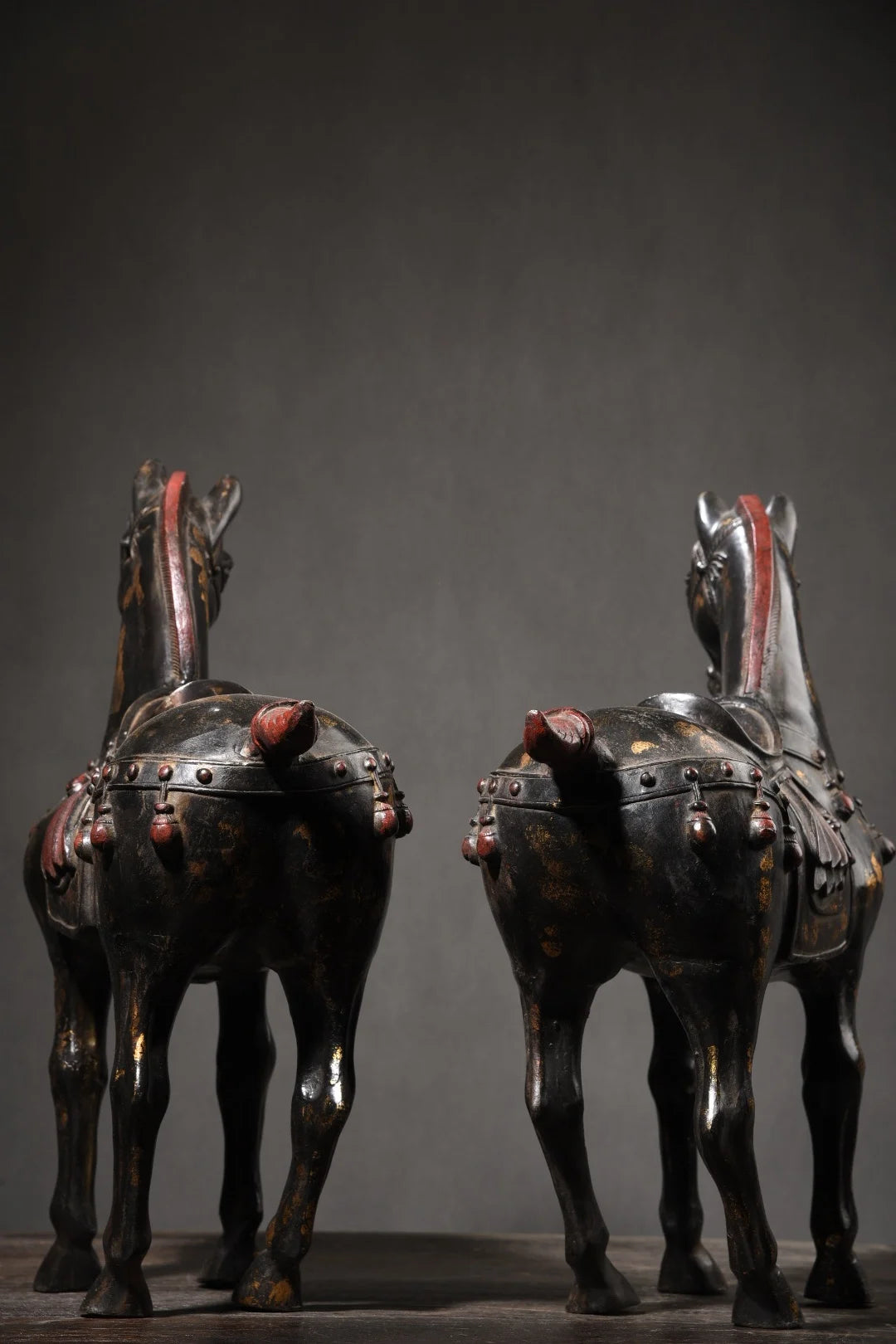 18"Tibetan Temple Collection Old Bronze Painted Cinnabar Mud gold Zodiac Horse Tang Ma A pair Amass wealth Town House Exorcism