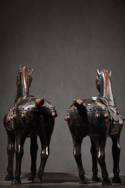 18"Tibetan Temple Collection Old Bronze Painted Cinnabar Mud gold Zodiac Horse Tang Ma A pair Amass wealth Town House Exorcism