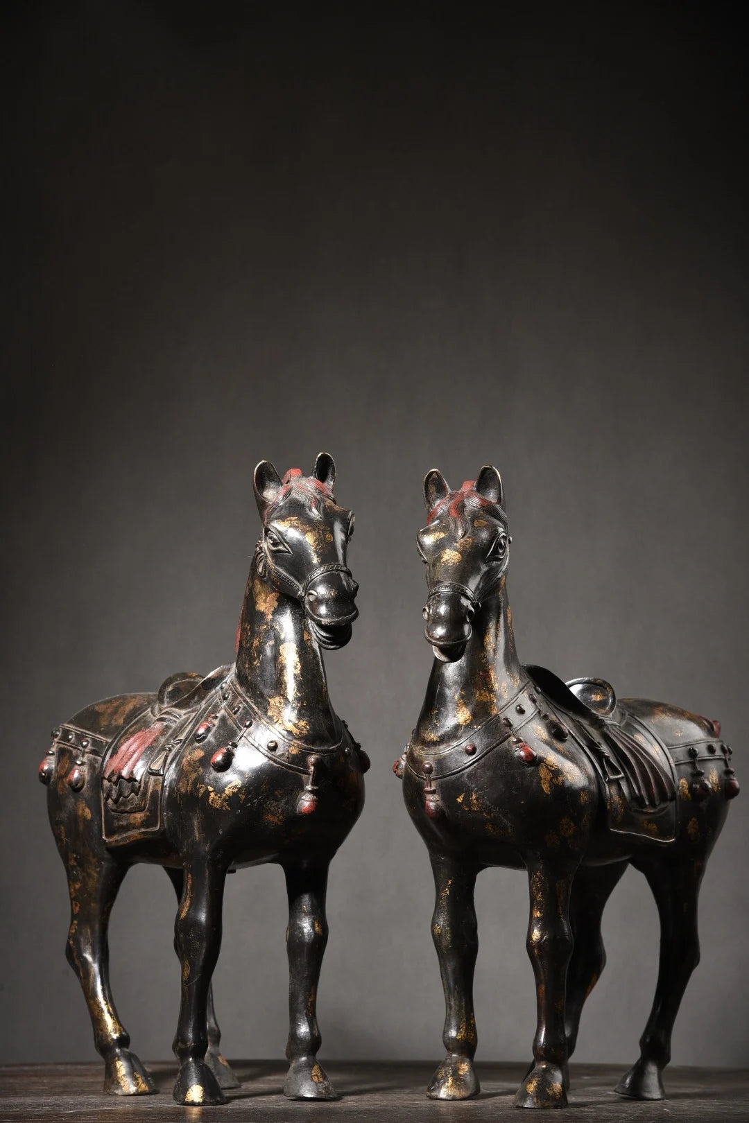 18"Tibetan Temple Collection Old Bronze Painted Cinnabar Mud gold Zodiac Horse Tang Ma A pair Amass wealth Town House Exorcism