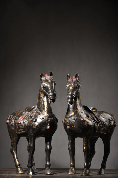 18"Tibetan Temple Collection Old Bronze Painted Cinnabar Mud gold Zodiac Horse Tang Ma A pair Amass wealth Town House Exorcism
