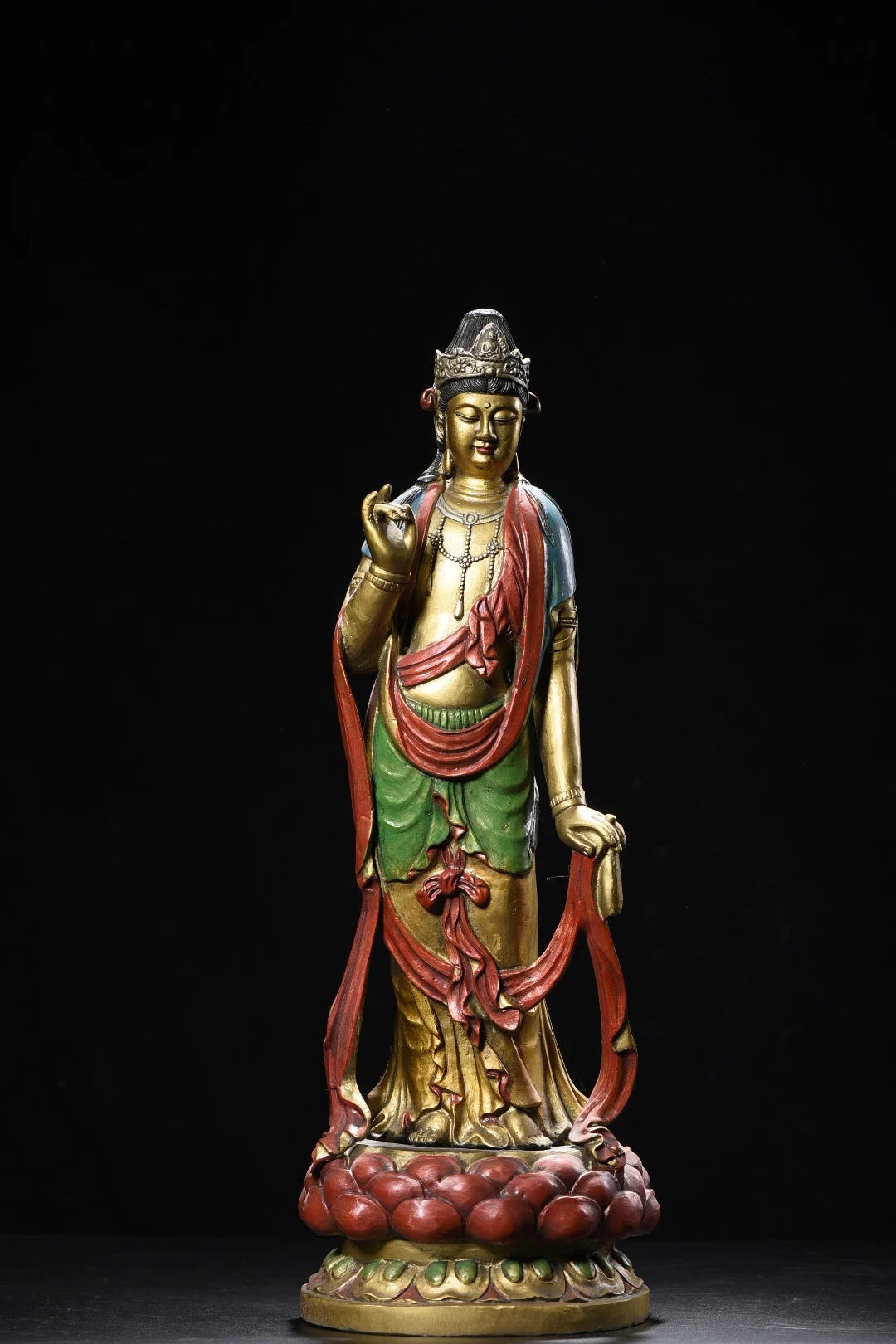 18"Tibetan Temple Collection Old Bronze Painted Mahasthamaprapta Standing Buddha Double Lotus Platform Worship Hall Town house