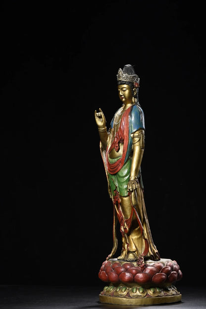 18"Tibetan Temple Collection Old Bronze Painted Mahasthamaprapta Standing Buddha Double Lotus Platform Worship Hall Town house