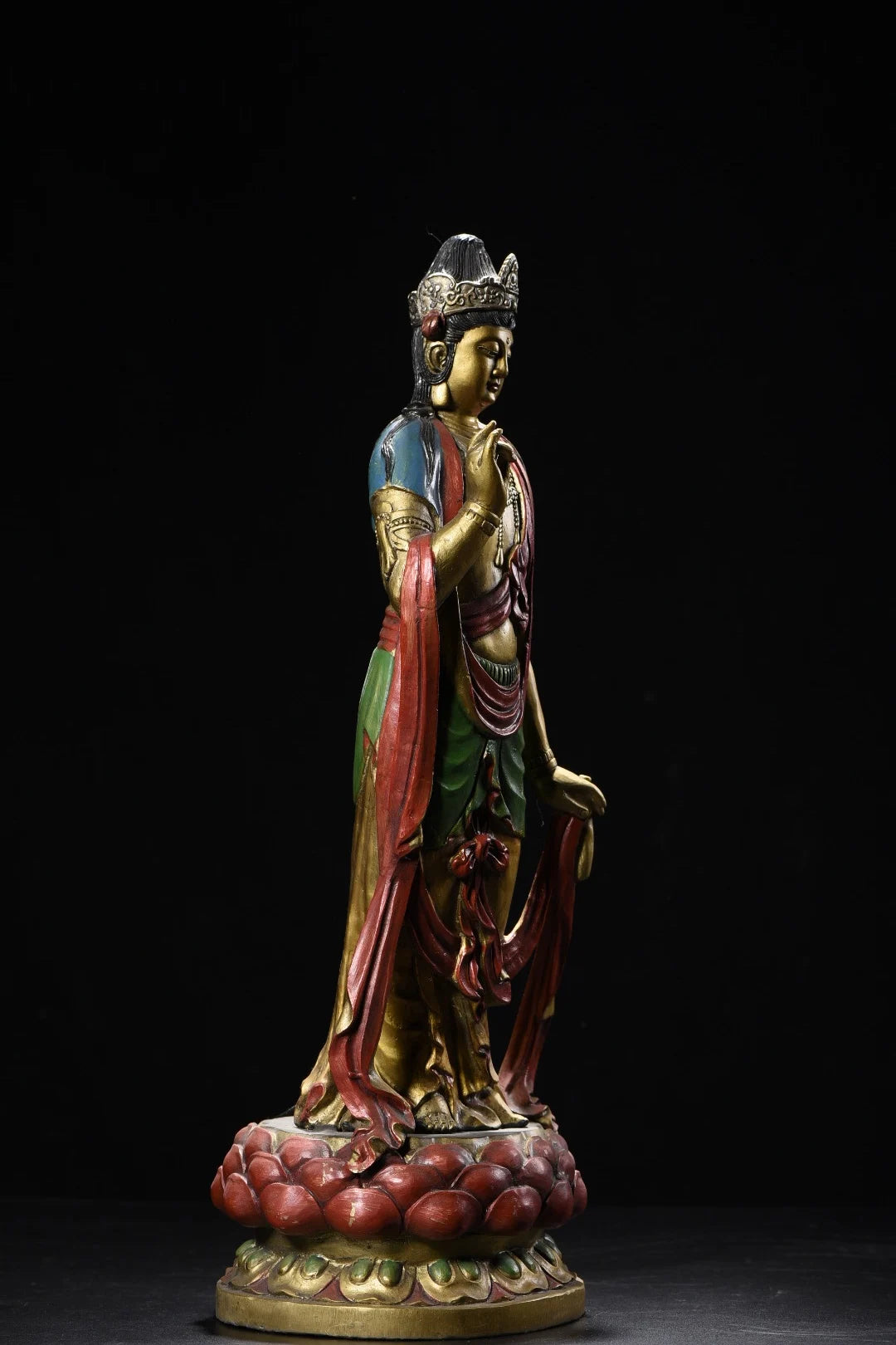18"Tibetan Temple Collection Old Bronze Painted Mahasthamaprapta Standing Buddha Double Lotus Platform Worship Hall Town house