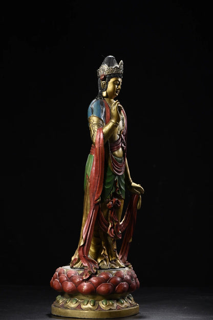 18"Tibetan Temple Collection Old Bronze Painted Mahasthamaprapta Standing Buddha Double Lotus Platform Worship Hall Town house